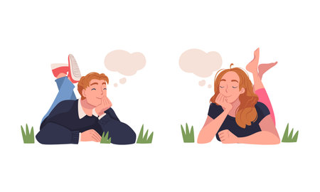 Man and Woman Character Dreaming Imagining and Fantasizing Having Spontaneous Thought in Bubble Vector Setのイラスト素材