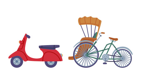 Red Chinese Motor Scooter or Motorcycle and Rickshaw as Passenger Cart Vector Setのイラスト素材