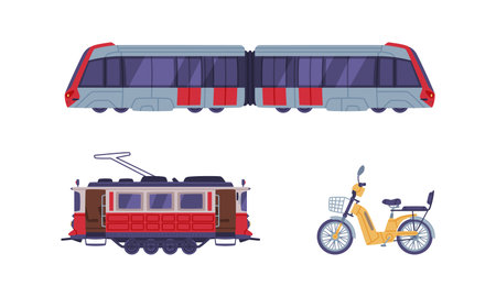 Passenger Train, Tram and Bicycle as Turkey Urban Transport Vector Setのイラスト素材