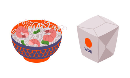 Bowl of Chinese Noodles with Shrimp and Carton Box as Wok Asian Food Serving Vector Setのイラスト素材