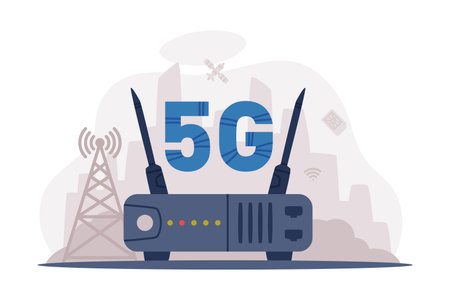 Wifi router, wireless access point. 5G network wireless high speed connection cartoon vector illustrationのイラスト素材