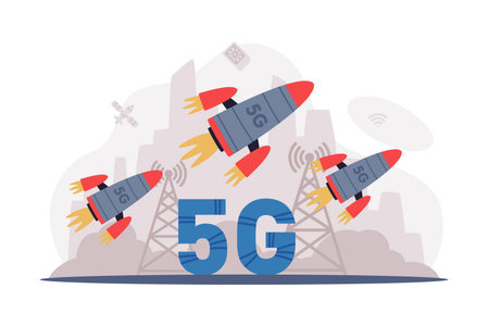 5G wireless internet wifi technology. Fast online mobile connection global network cartoon vector illustrationのイラスト素材