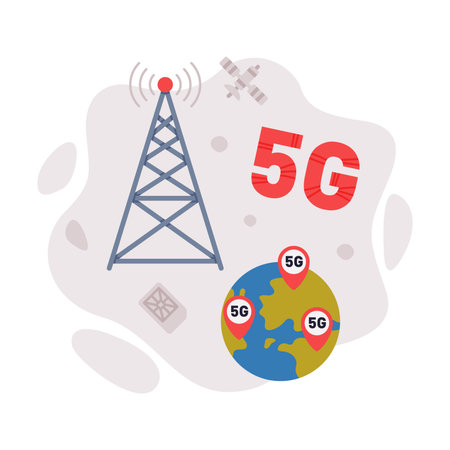 5G base station receiver. Communication tower wireless high speed internet connection cartoon vector...