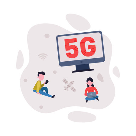 5G network wireless technology concept. Small people characters using high speed mobile internet for working, online gaming and communication cartoon vector illustrationのイラスト素材