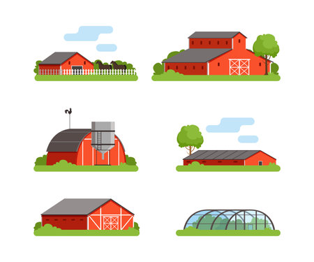 Red Timbered Farm Building and Infrastructure Rested on Green Lawn Vector Setのイラスト素材