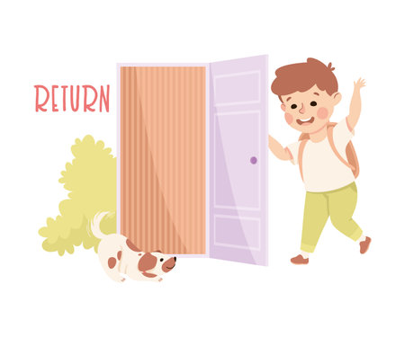 Little Boy Returning Home at Open Door Demonstrating Vocabulary and Verb Studying Vector Illustrationのイラスト素材