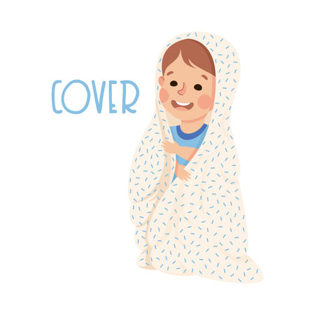 Little Boy Covering with Blanket Demonstrating Vocabulary and Verb Studying Vector Illustrationのイラスト素材