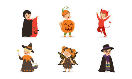 Cute Kids Dressed in Halloween Costume and Outfit Engaged in Spooky Holiday Masquerade Vector Setのイラスト素材