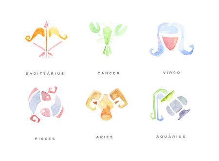 Set of n watercolor zodiac signs. Sagittarius, Cancer, Virgo, Pisces, Aries, Aquarius horoscope signs hand drawn vector illustrationのイラスト素材