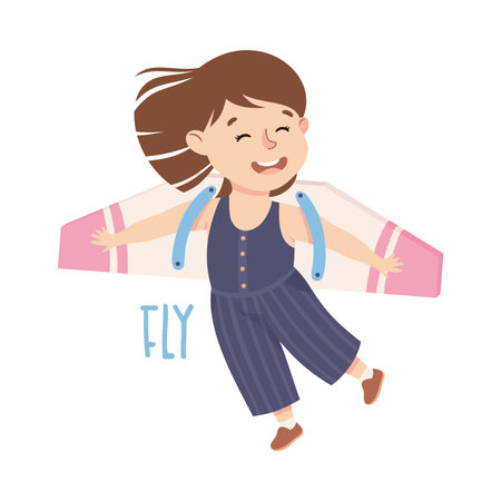 Little Girl Flying with Toy Plane Wings Demonstrating Vocabulary and Verb Studying Vector Illustrationのイラスト素材