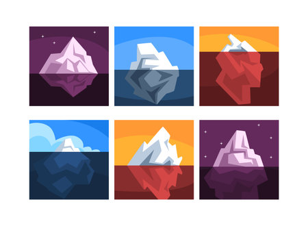 Iceberg floating in ocean set. Huge block of ice drifting in water with massive underwater part cartoon vector illustrationのイラスト素材