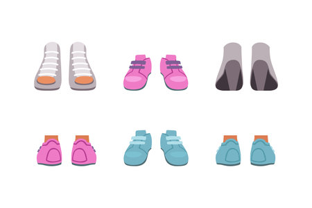 Footwear set, front or back view. Stylish fashion female shoes, sneakers and high heels cartoon vector illustrationのイラスト素材
