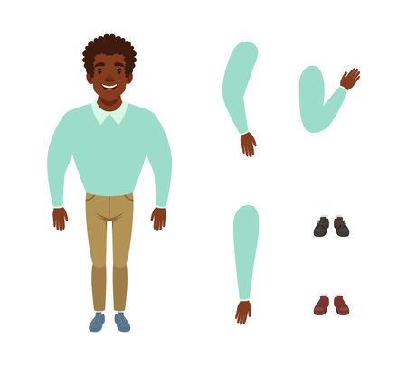 Full length portrait of young African American man, arms and shoes set. Male character creation, constructor for animation cartoon vector illustrationのイラスト素材