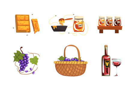 Honey and wine production set. Apiary farm products and red wine cartoon vector illustrationのイラスト素材