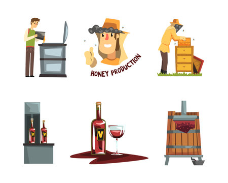 Honey and vine production set. Apiary farm products and wine making process cartoon vector illustrationのイラスト素材