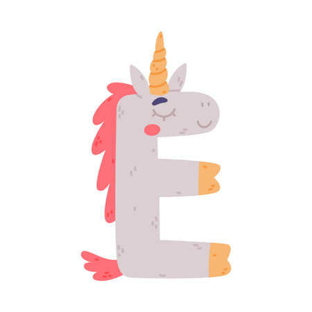 Unicorn Cute Alphabet Letter E with Smiling Face and Twisted Horn Vector Illustrationのイラスト素材