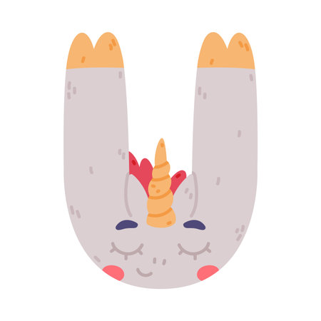 Unicorn Cute Alphabet Letter U with Smiling Face and Twisted Horn Vector Illustrationのイラスト素材