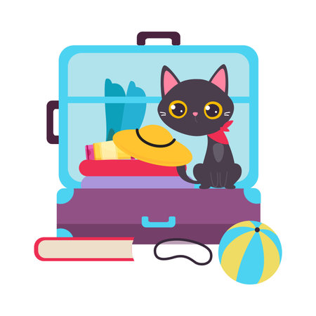 Cute Black Cat Traveler Sitting on Open Trunk Having Journey on Vacation Vector Illustrationの写真素材