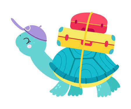 Cute Turtle Traveler in Cap with Trunks on Its Back Having Journey on Vacation Vector Illustrationのイラスト素材