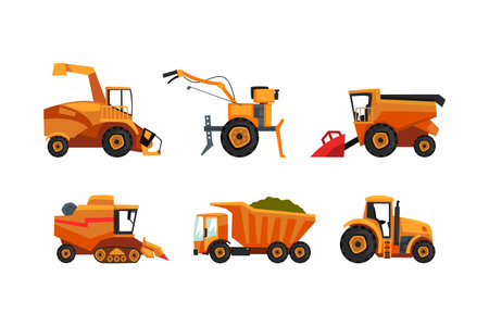 Agricultural machinery set. Farmer agricultural vehicles for plowing, mowing, planting and harvesting, industrial transport cartoon vector illustrationのイラスト素材