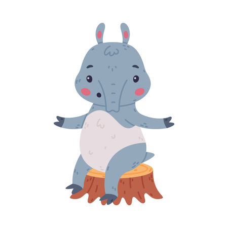 Cute Grey Tapir Animal with Proboscis Sitting on Tree Stump Vector Illustrationのイラスト素材