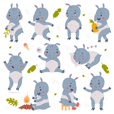 Cute Tapir Animal with Proboscis Engaged in Different Activity Vector Setのイラスト素材