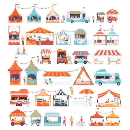 Amusement Park Kiosk and Tent with Street Food and Walking People Big Vector Setのイラスト素材