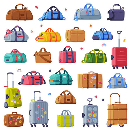 Travel Suitcase, Bag and Trunk as Packed Luggage for Traveling Vector Setのイラスト素材
