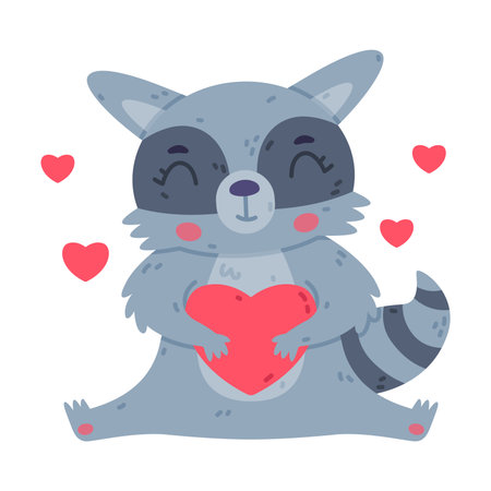 Funny Raccoon Animal Character with Striped Tail Sitting with Love Heart Vector Illustrationのイラスト素材