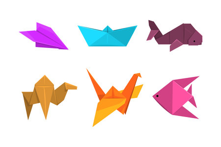Origami or Paper Folding with Sculpture and Figures Made of Flat Square Sheet of Paper Vector Setのイラスト素材