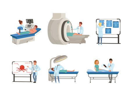 People Character with Cancer Diagnosis Having Medical Check and Treatment Vector Setのイラスト素材