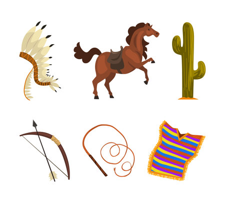 Wild West Symbols with Indian Feather Headdress, Horse, Cactus, Bow and Arrow, Lasso and Poncho Vector Setのイラスト素材