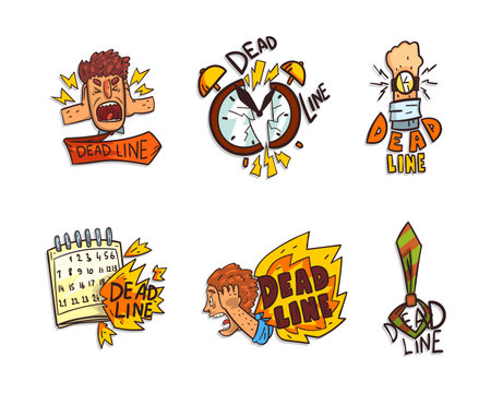 Deadline and Time Limit Labels with Screaming Man, Tie, Broken Clock and Calendar Vector Setのイラスト素材