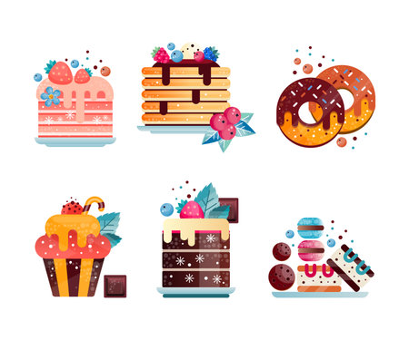 Sweet Dessert Like Cake, Cupcake and Donut with Berry Topping and Sprinkles Flat Vector Setのイラスト素材