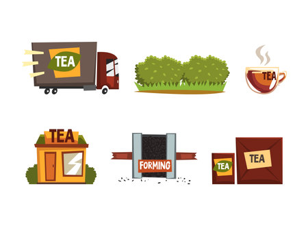 Tea Industry Production with Tea Truck and Cardboard Packaging Vector Setのイラスト素材