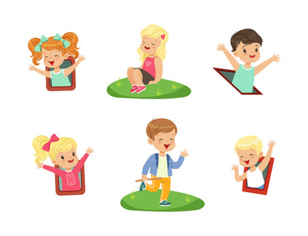 Cute Little Kids Having Fun Playing at Playground Enjoying Outdoor Activity Vector Setのイラスト素材