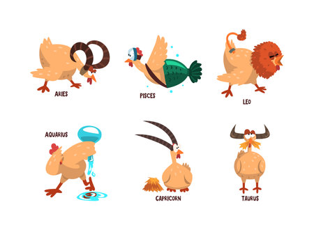 Funny Turkey Character and Zodiac Signs Like Aries, Pisces, Leo, Aquarius, Capricorn and Taurus Vector Setのイラスト素材