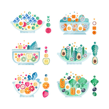Salad Bowl with Different Ingredients with Fresh Fruit and Vegetables with Seafood Flat Vector Setのイラスト素材