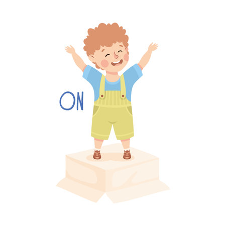 Little Boy Standing On Cardboard Box with Raised Hands as Preposition Demonstration Vector Illustrationのイラスト素材