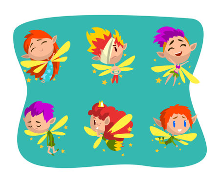Little Pixie or Fairy with Wings and Fancy Hairstyle Vector Setのイラスト素材