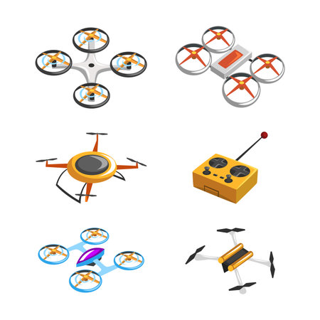 Drones with Controller as Unmanned Aircraft Isometric Vector Setのイラスト素材