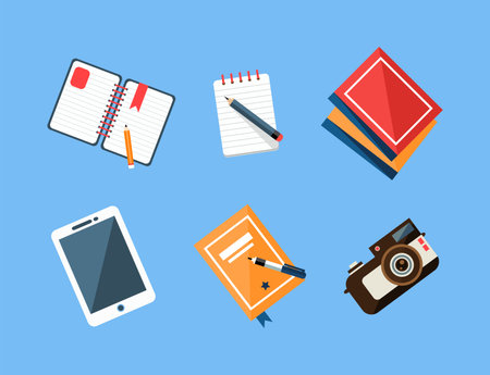 Workspace Items with Camera, Tablet, Notepad and Pen Top View Vector Setのイラスト素材
