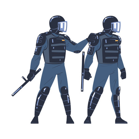 Riot Police Officer and Squad Member in Uniform and Helmet with Baton Maintaining Order Vector Illustrationのイラスト素材