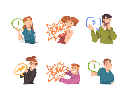 People Characters Holding Speech Chat Bubble in Their Hands Vector Setのイラスト素材