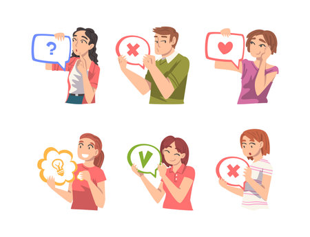 People Characters Holding Speech Chat Bubble in Their Hands Vector Setのイラスト素材