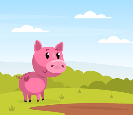 Funny Pink Pig Character Grazing on Green Meadow or Pasture on the Farm Vector Illustrationのイラスト素材