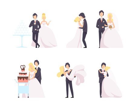 Newlyweds Couple as Just Married Male and Female in Wedding Dress and Suit Cutting Cake and Dancing Vector Setのイラスト素材