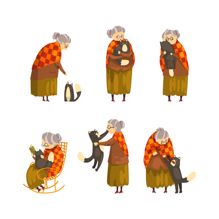 Lonely Old Happy Lady with Her Cat Pet Engaged in Different Activity Vector Setのイラスト素材