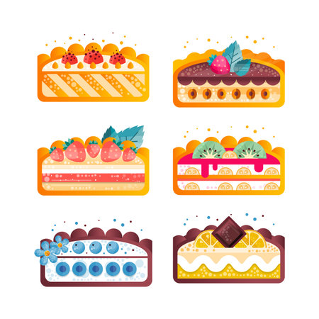 Festive Cake with Cream, Crust and Berry on Top in Section Vector Setのイラスト素材