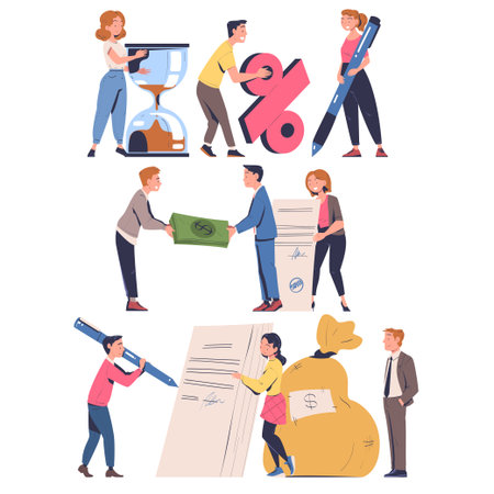 People Characters Making Contract and Deal Agreement Signing Document Vector Setのイラスト素材